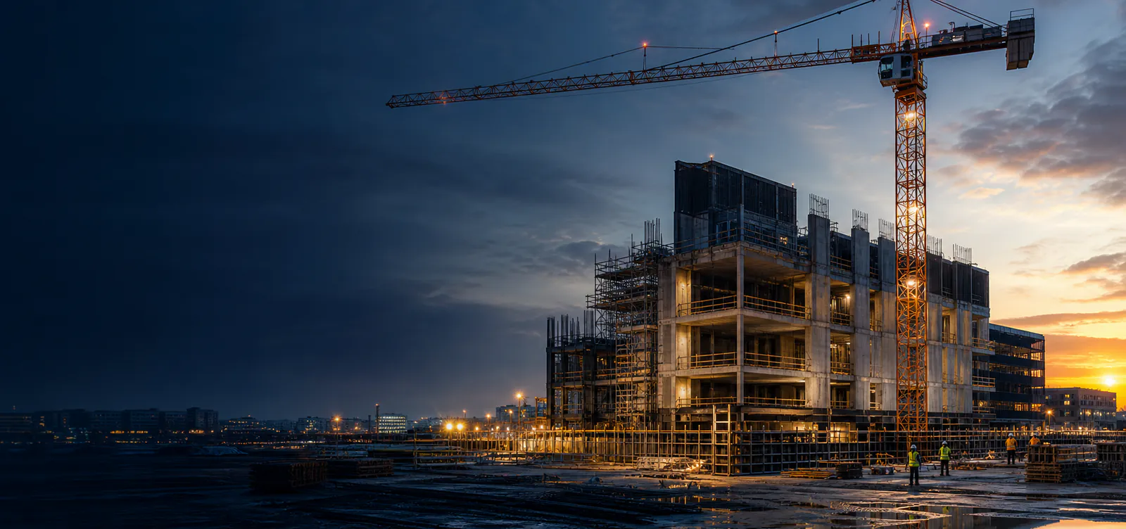Aktive Baustelle bei Sonnenaufgang mit einem Turmdrehkran und einem laufenden Bau.
